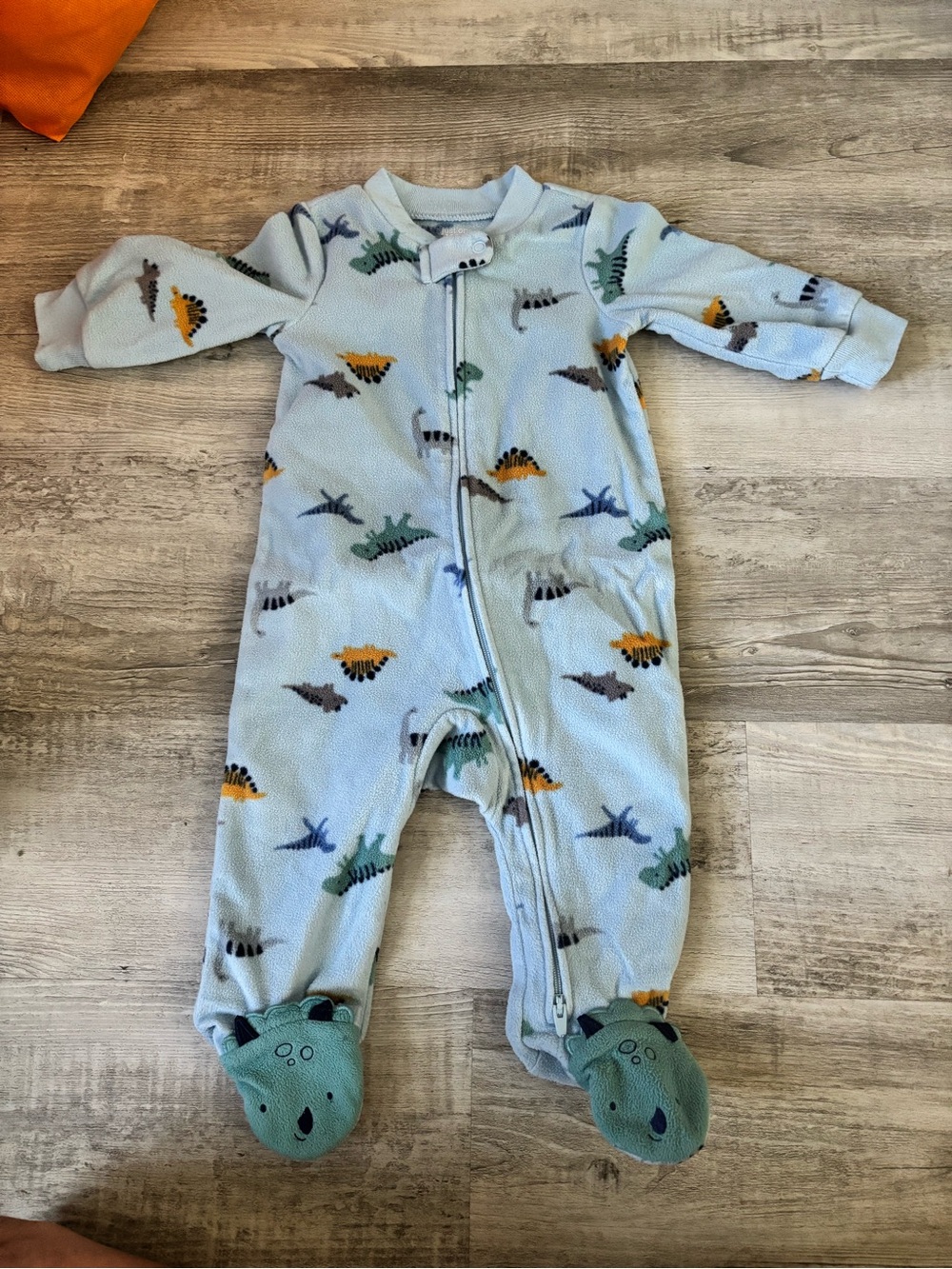 Light Blue Dinosaur Print Footed One-Piece Pajamas